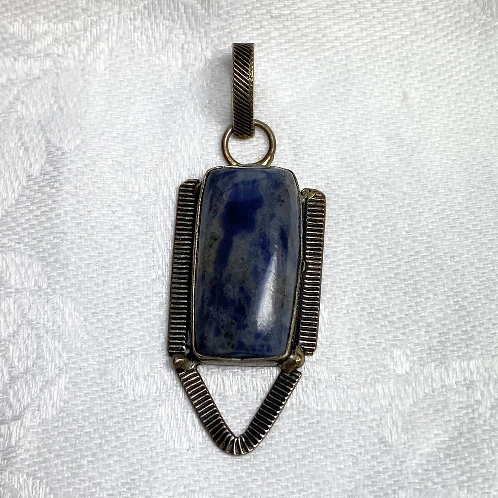 Blue Sodalite Pendant Stone 925 Silver Handcrafted Ribbed Frame